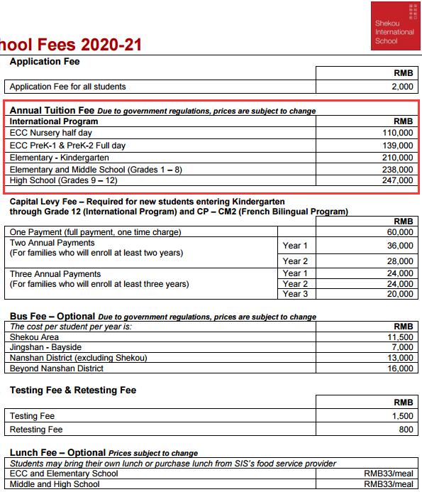 深圳蛇口国际学校2020-2021学年学费是多少