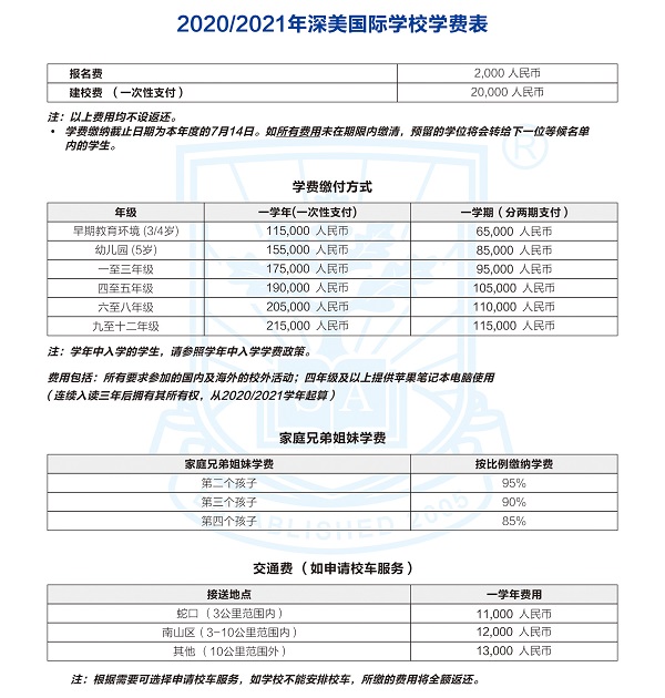 深美国际学校2020学费参考