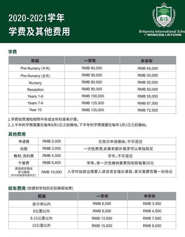 广州英伦外籍人员子女学校2020-2021学年学费