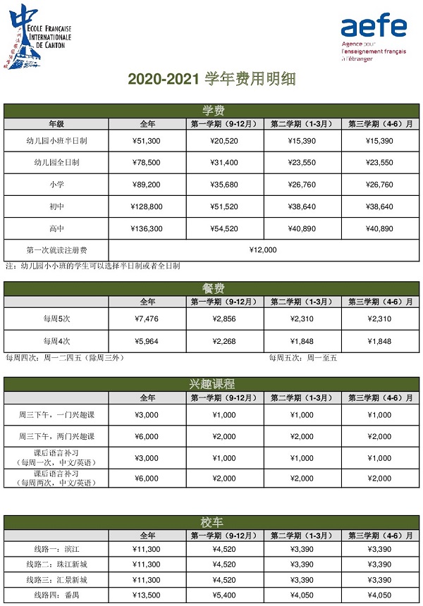 广州法国国际学校2020-2021学年学费费用多少