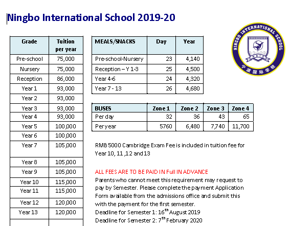 浙江宁波英伦外籍人员子女学校2019-2020学年学费参考