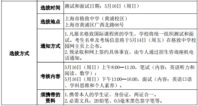 上海市格致中学(国际课程班)高中国际课程班选拔方式