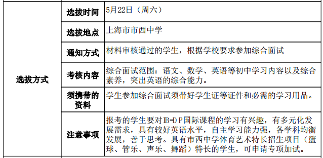 上海市市西中学高中国际课程班选拔方式