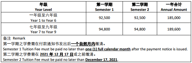 广州耀华国际学校2021-2022学年学费
