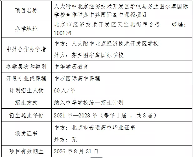 人大附中北京经济技术开发区学校与芬兰图尔库国际学校合作举办中芬国际高中课程项目