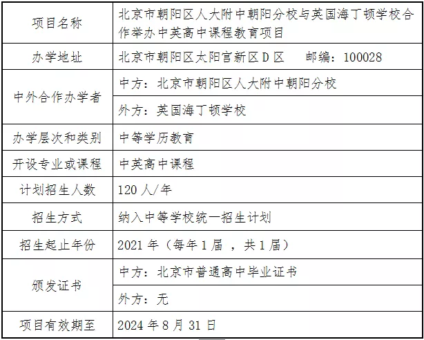 北京市朝阳区人大附中朝阳分校与英国海丁顿学校继续合作举办中英高中课程教育项目