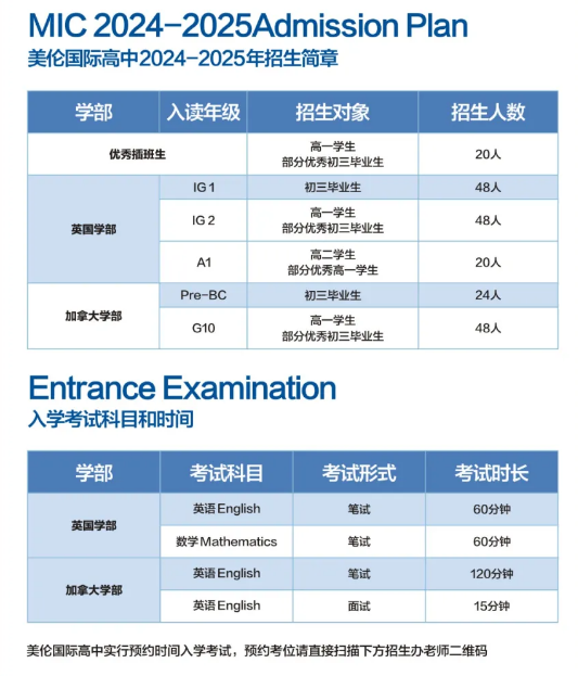 2024-2025美伦国际高中招生计划